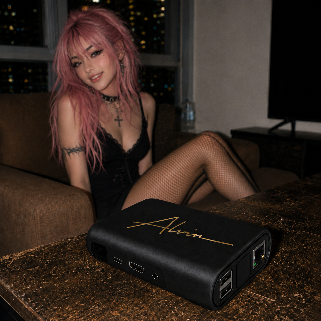 Woman holding the compact ALVIN adult streaming device