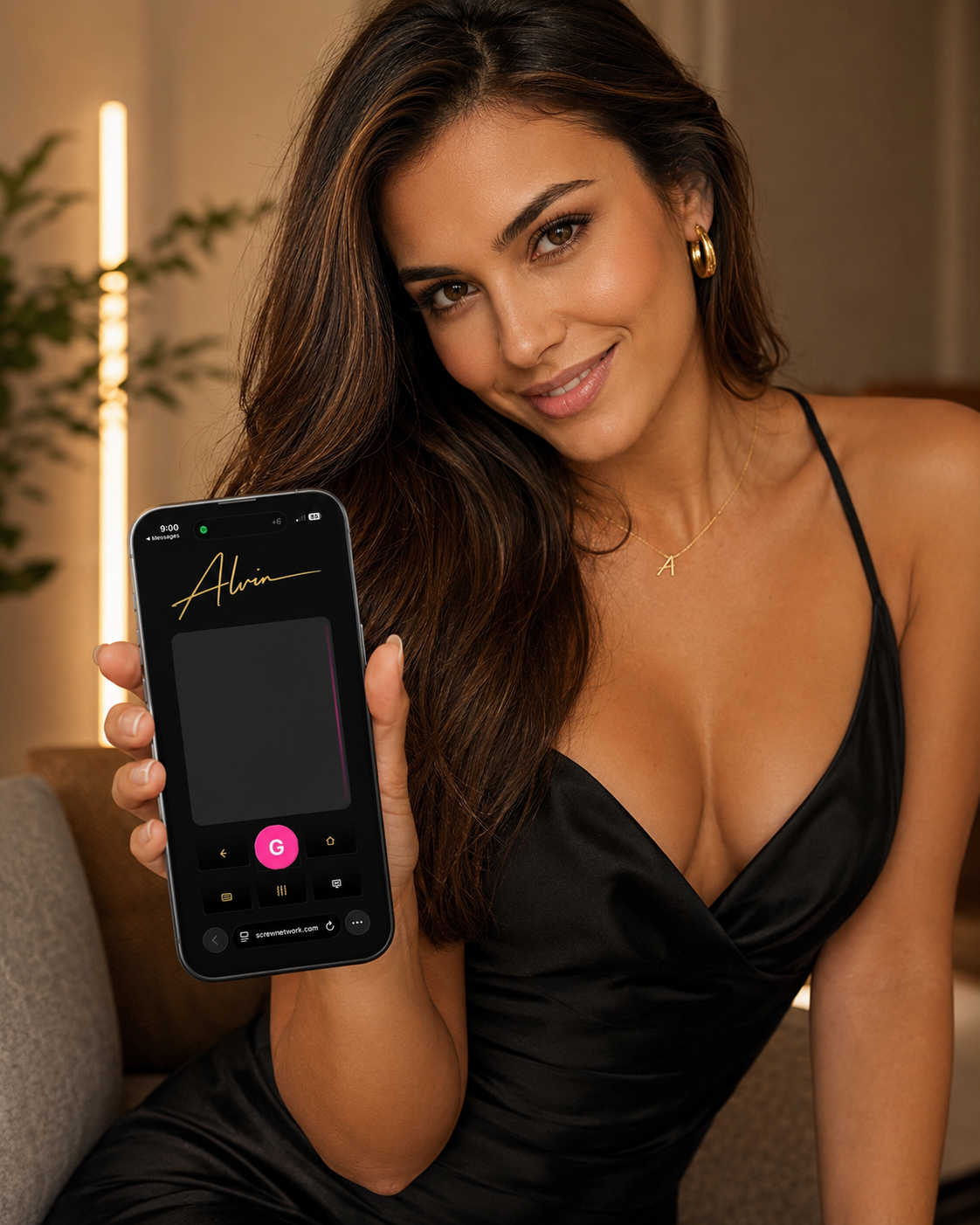Woman holding a phone displaying the ALVIN Type and Swipe remote app