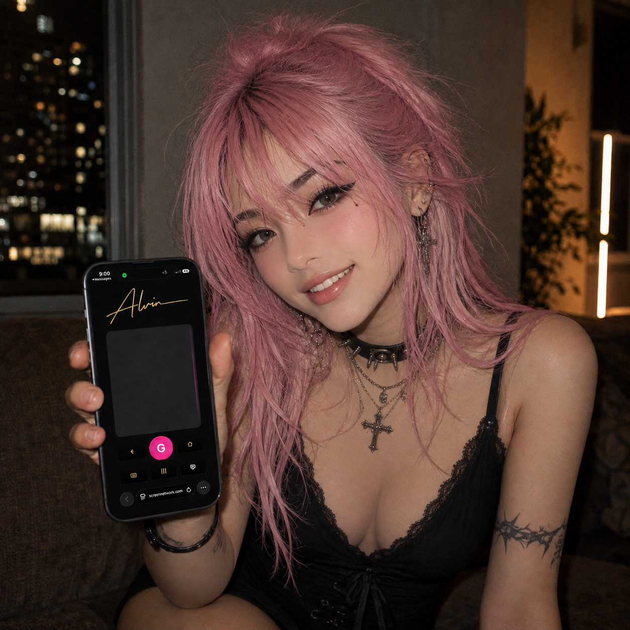 Woman holding a phone displaying the ALVIN Type and Swipe remote app