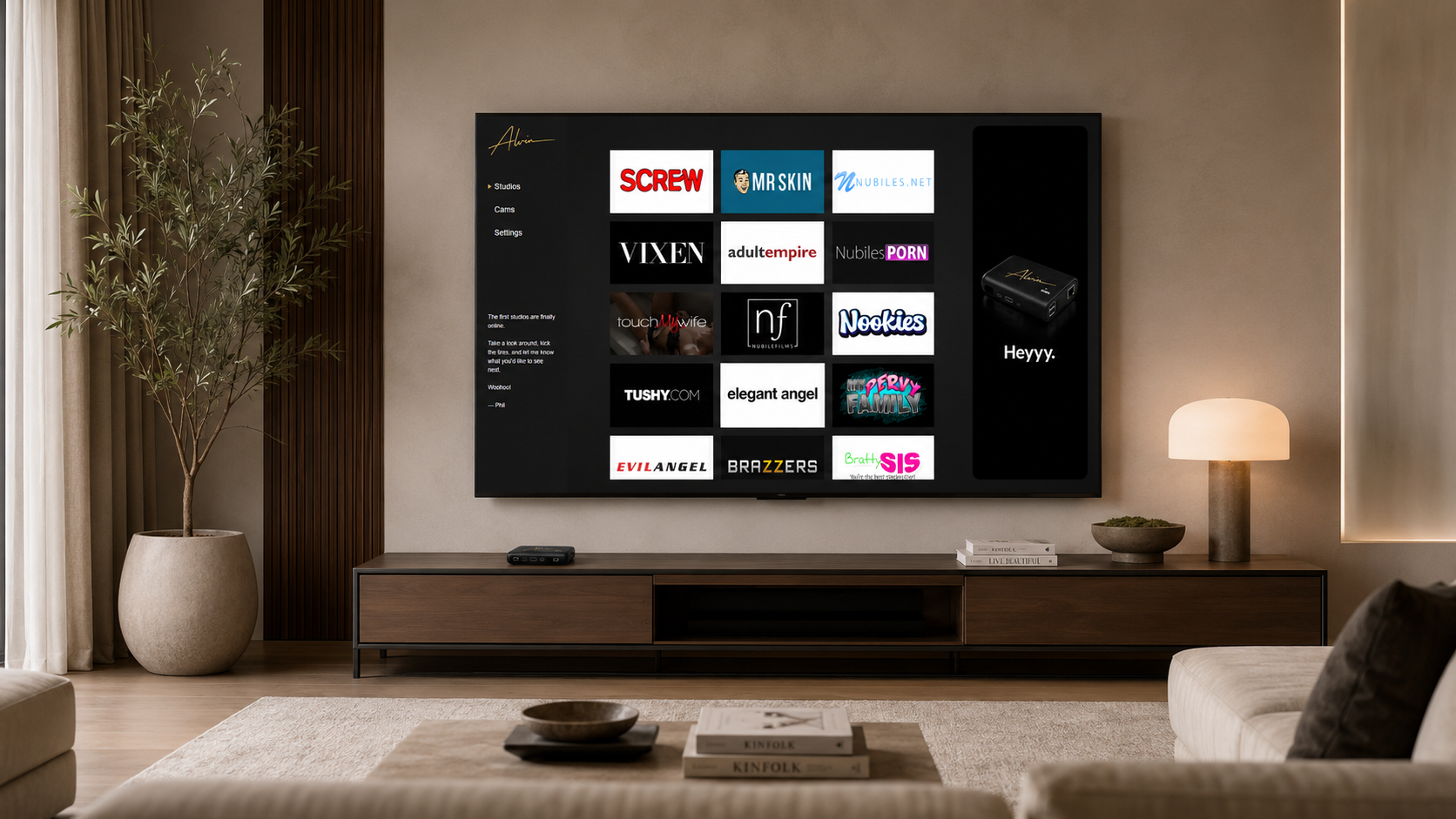 ALVIN adult streaming interface displayed on a television