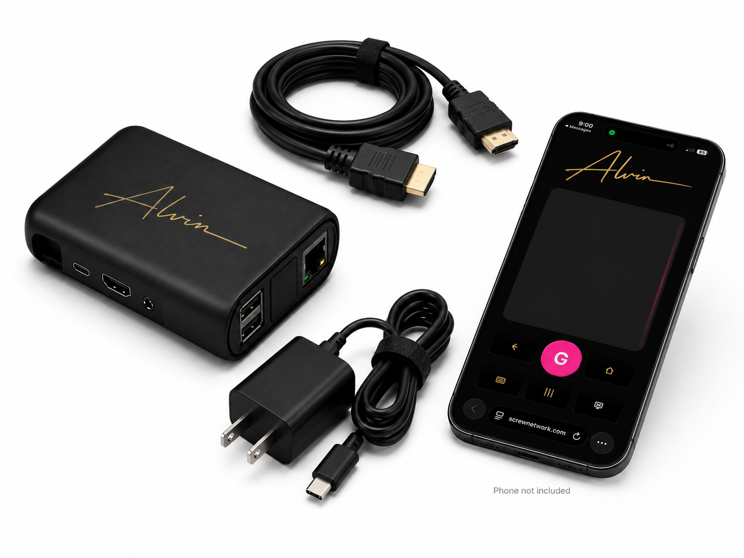 Complete ALVIN package with device, HDMI cable, USB-C power supply, and phone showing the remote app